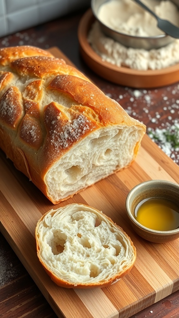 A golden-brown loaf of French bread sliced open, showcasing its soft texture, on a wooden board with olive oil.